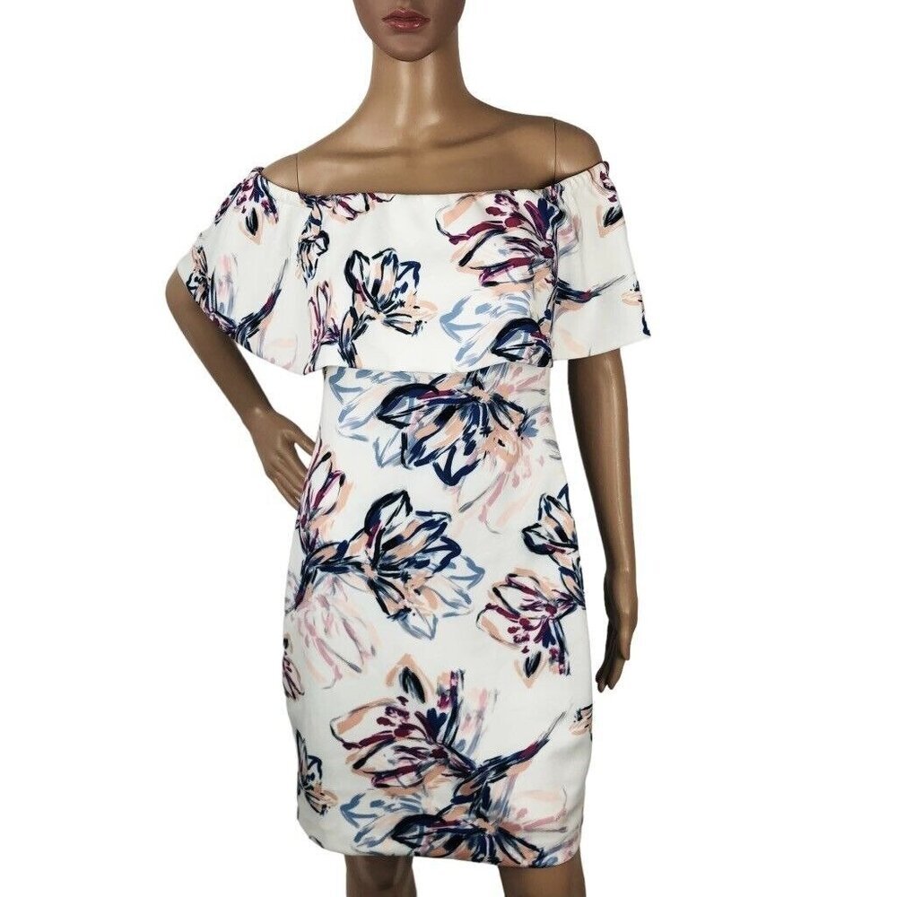 Badgley Mischka Floral Off Shoulder Formal Evening Dress Layered Sheath Mini 4 - Picture 3 of 9
